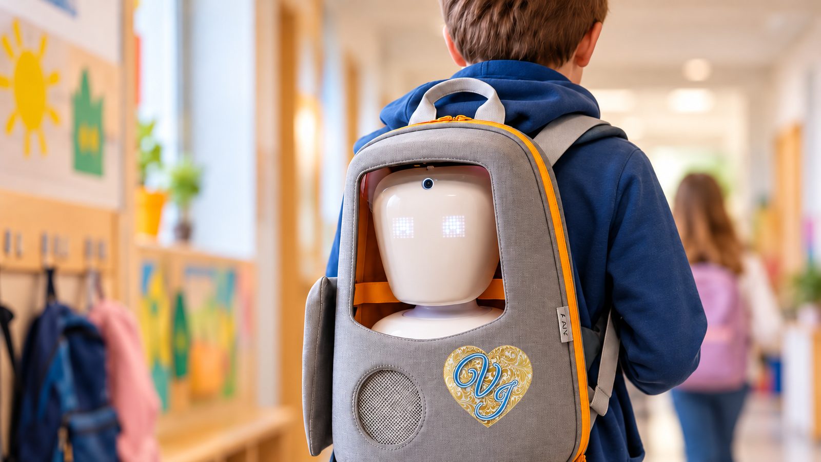Deček po šolskem hodniku nese robota AV1 v nahrbtniku