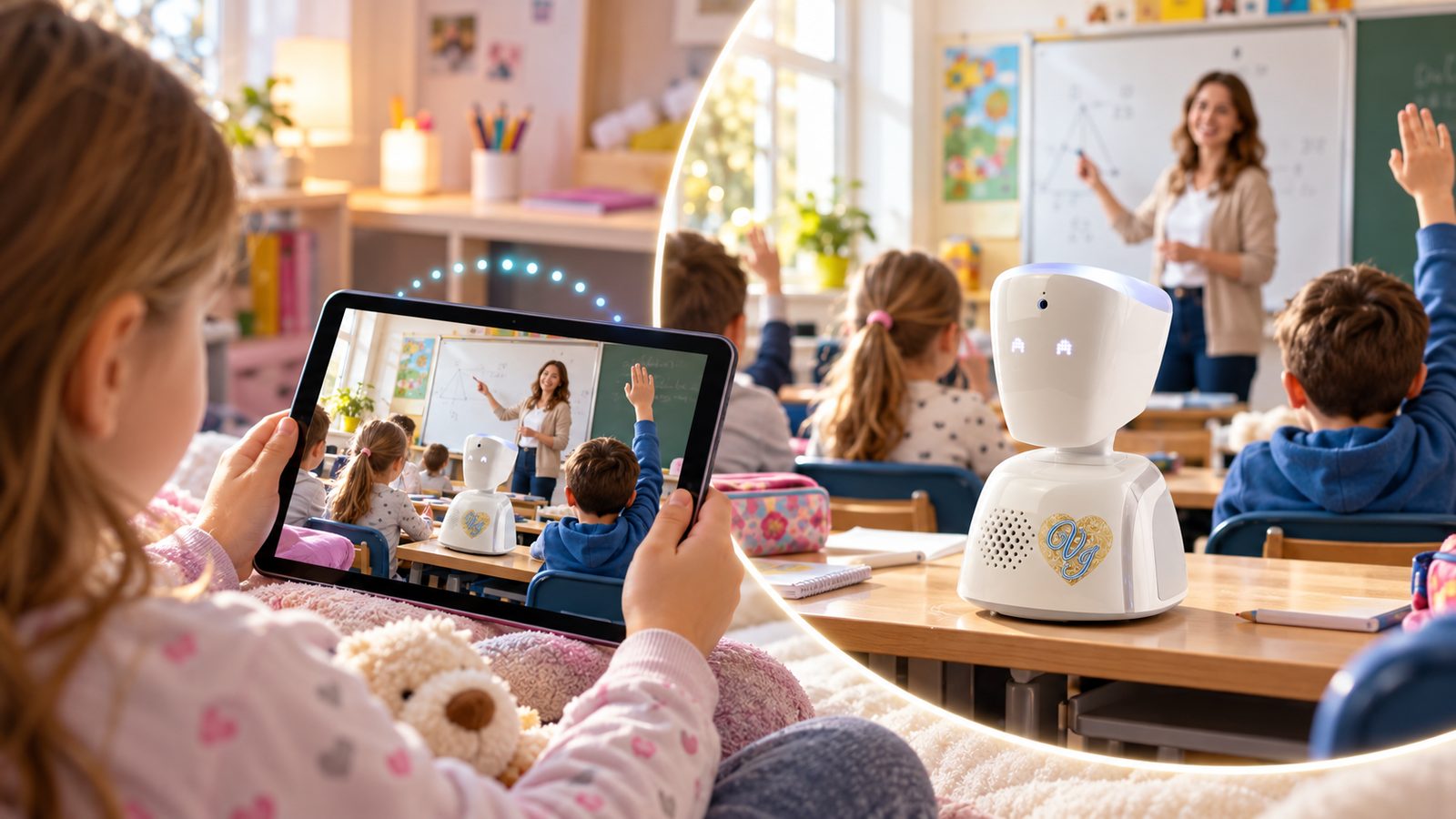 Deklica doma na tablici spremlja pouk; v učilnici jo med sošolci nadomešča robot AV1