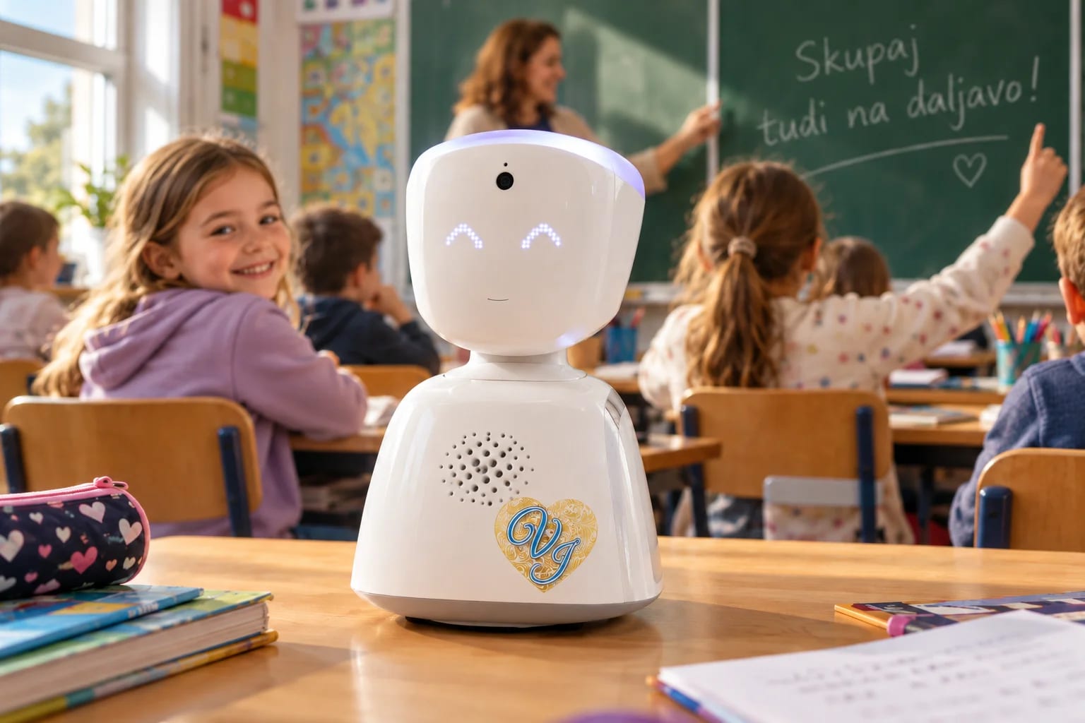 Robot AV1 na šolski klopi med sošolci, v ozadju učiteljica pred tablo z napisom »Skupaj tudi na daljavo!«