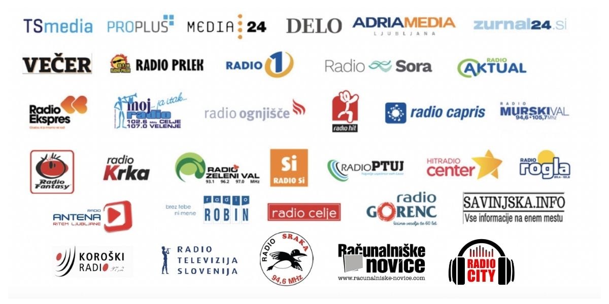 Logotipi medijskih podpornikov koncerta — TSmedia, Pro Plus, Media24, Delo, Adria Media, Žurnal24, Večer in drugi