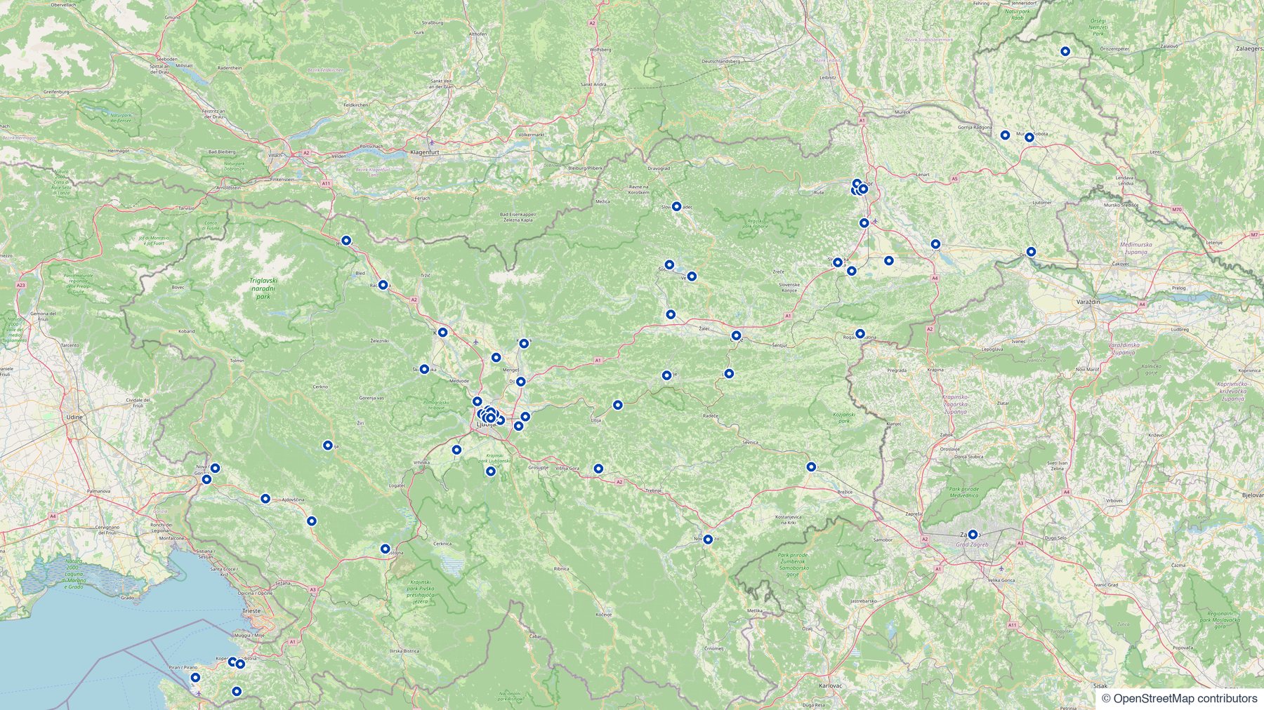 Zemljevid Slovenije s točkami izvajalcev terapij